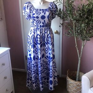 Blue & White Boho Maxi Summer Dress